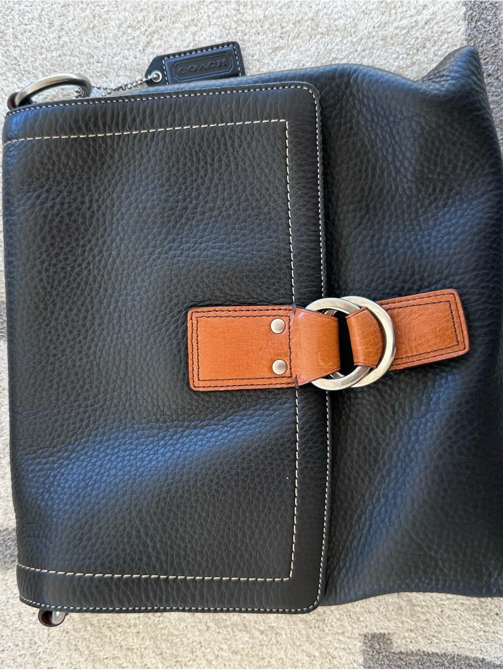Coach Black Pebbled Leather Shoulder Bag with Tan Accent y2k